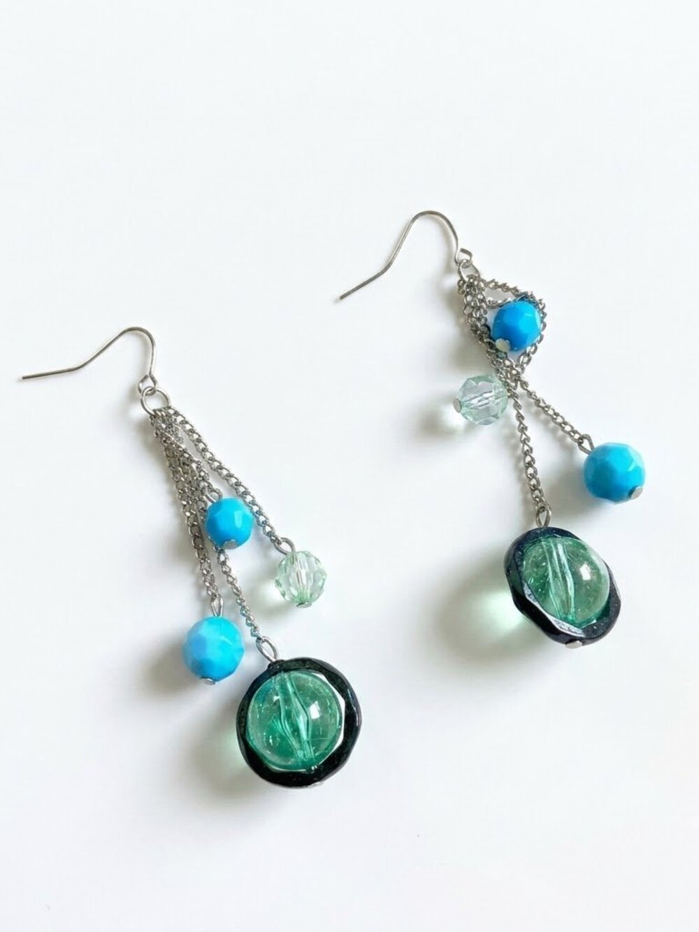 Boho Turquoise Blue Green Glass Beaded Dangle Earrings Silver Chain Drop Style